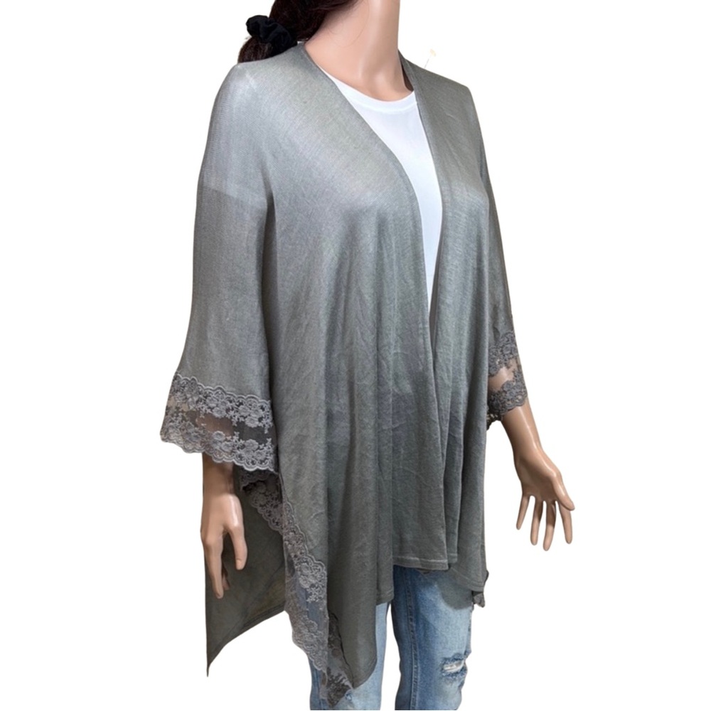 Lauren Conrad Gray Lace Trim‎ Kimono Cardigan Draped Boho Layer One Size NEW